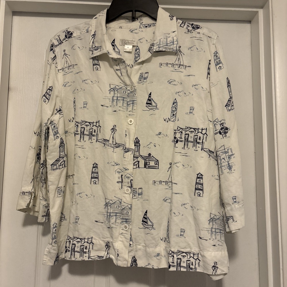 CHRISTOPHER& BANKS Women's Linen Shirt‎ 3/4 Sleeve Lighthouse Anchor Nautical XL